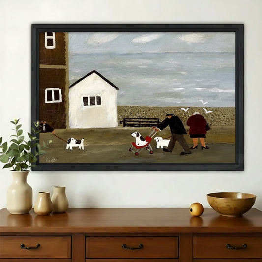 海边散步油画黑框特写