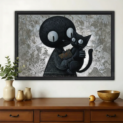 人物抱猫艺术画-黑色木框-无留白