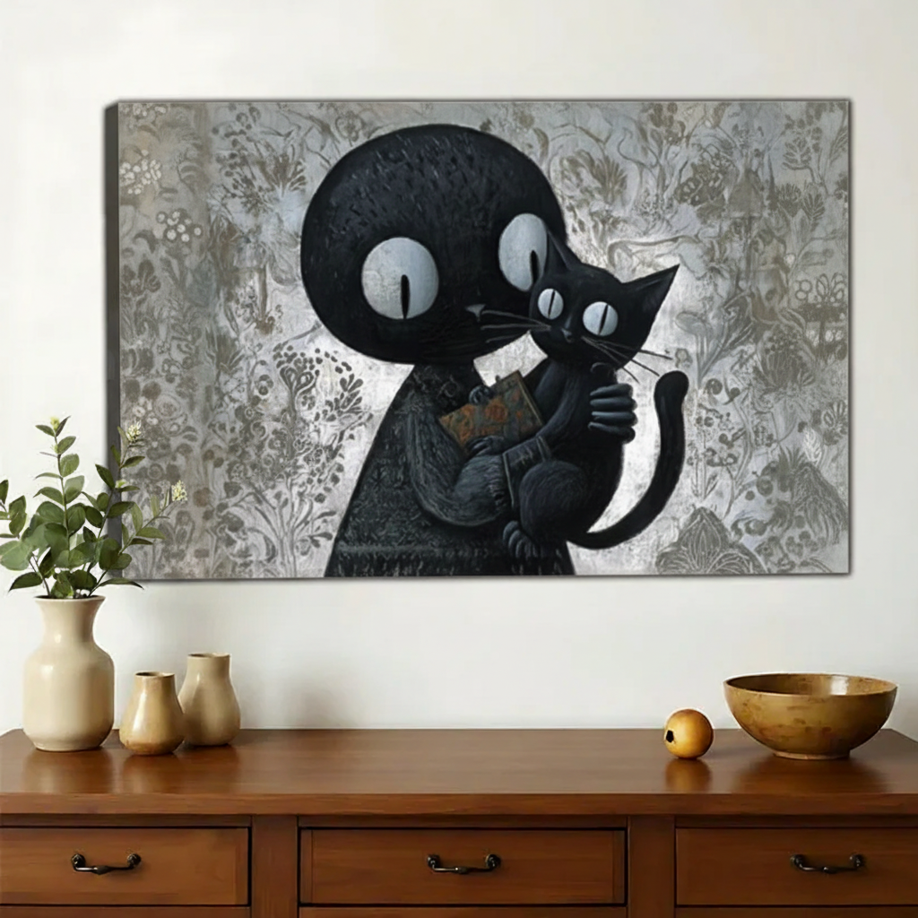 人物抱猫艺术画-无框画布