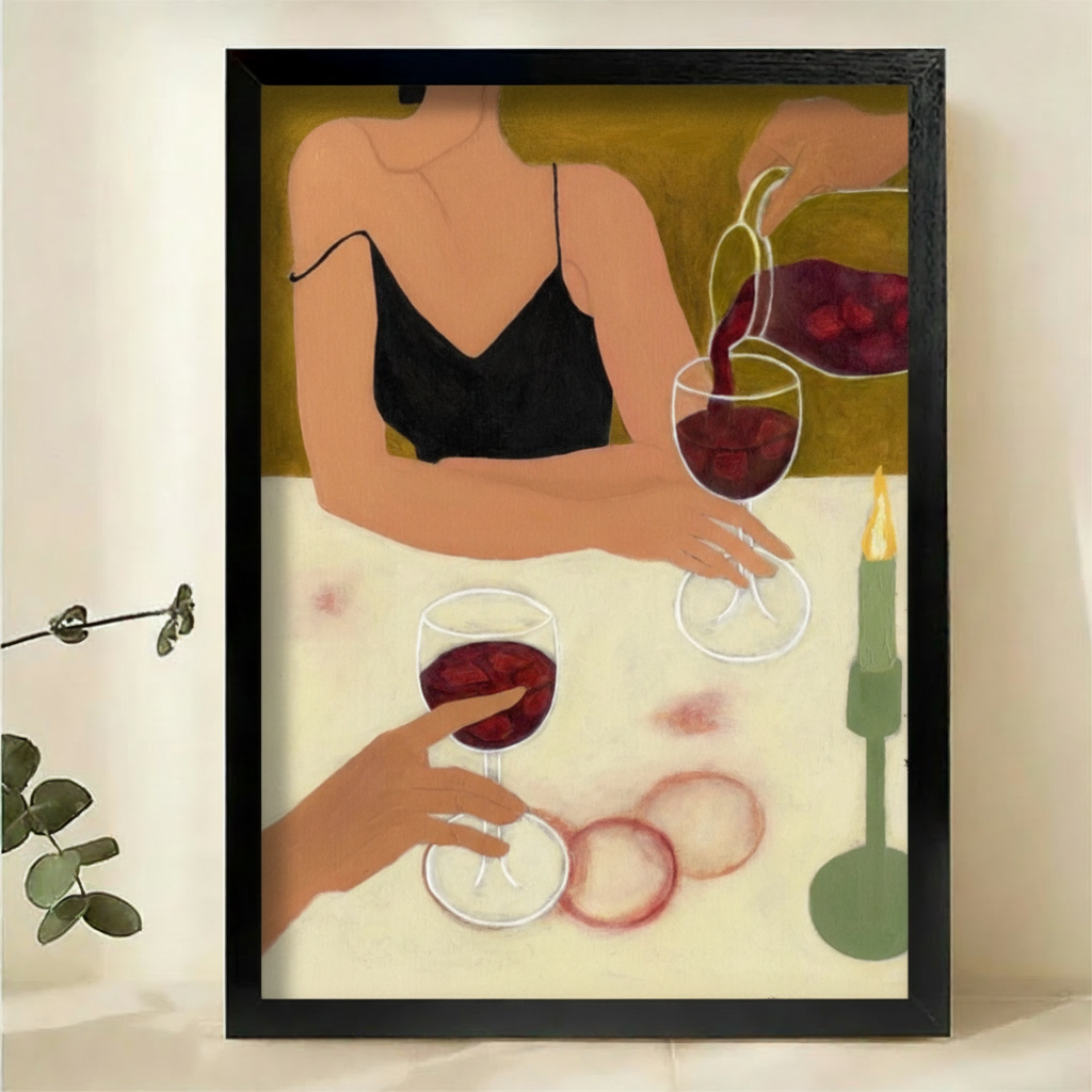 女性品酒画-黑框特写