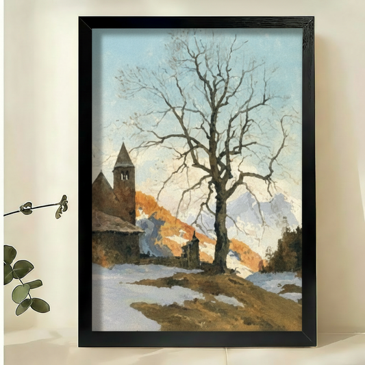 冬日教堂雪景画-黑色木框场景