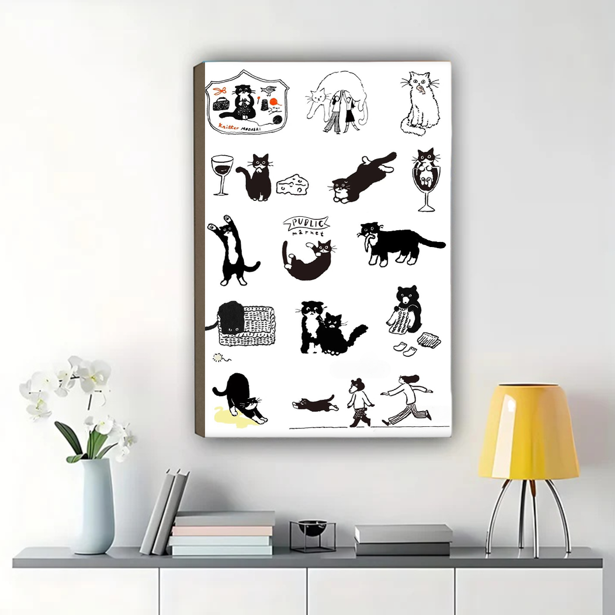 Black Cat Framed Wall Art - Whimsical Illustrated Cat Wall Art|W1222