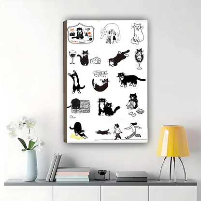 Black Cat Framed Wall Art - Whimsical Illustrated Cat Wall Art|W1222