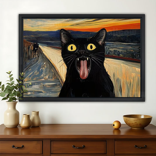 Funny Black Cat “The Scream” Parody – Whimsical Art Wall Art on Natural Wood Canvas | W698