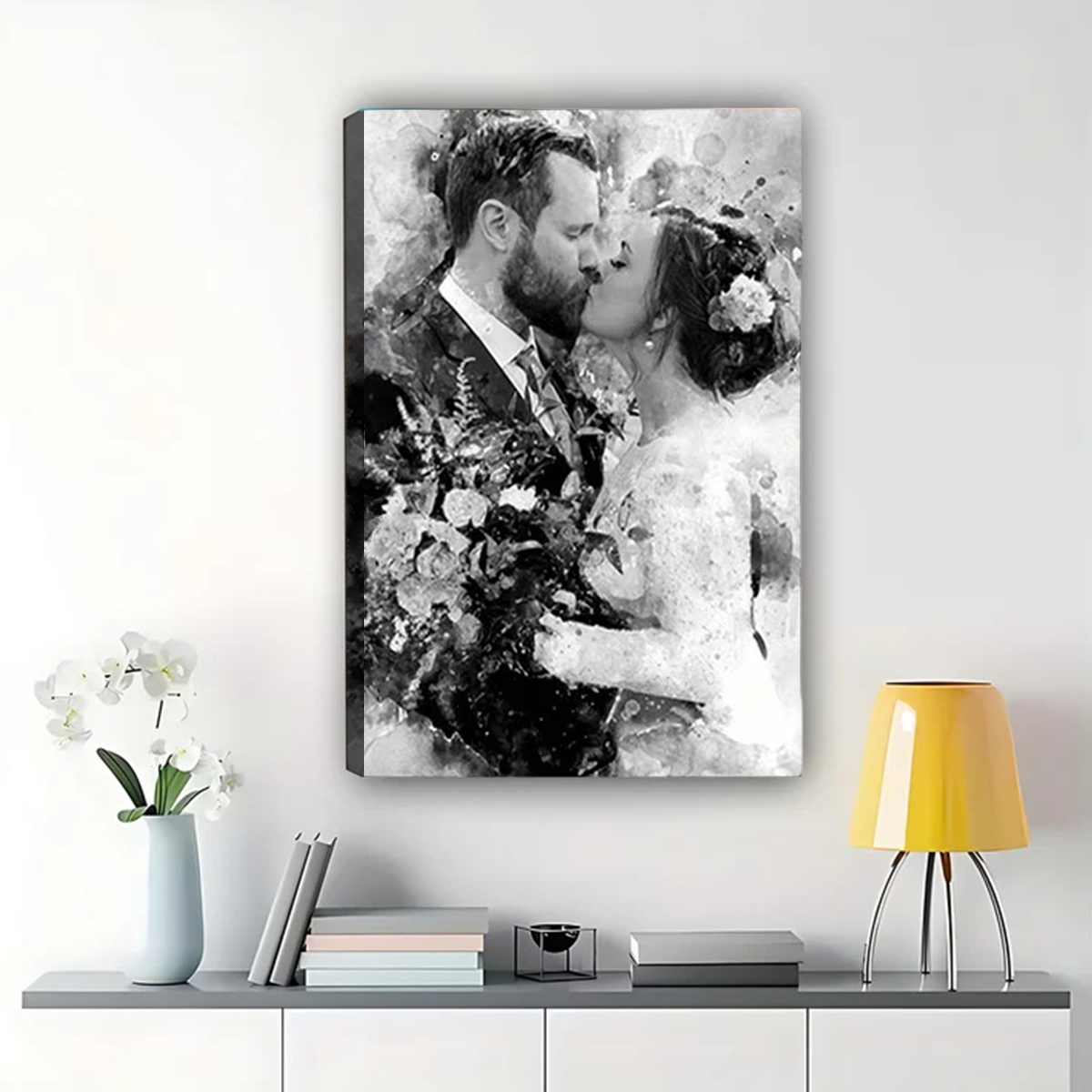 Custom Black and White Watercolor Portrait - Personalized Canvas Art