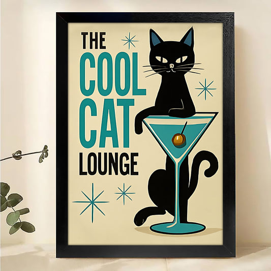 The Cool Cat Lounge – Retro Cat Wall Art on Natural Wood Canvas | W308