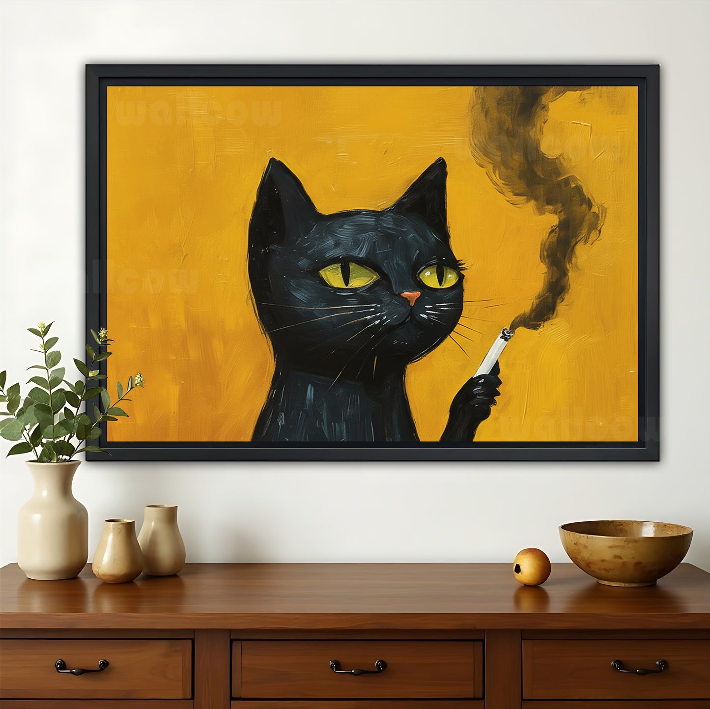 Retro Smoking Black Cat – Bold Yellow Background Wall Art on Natural Wood Canvas | W771