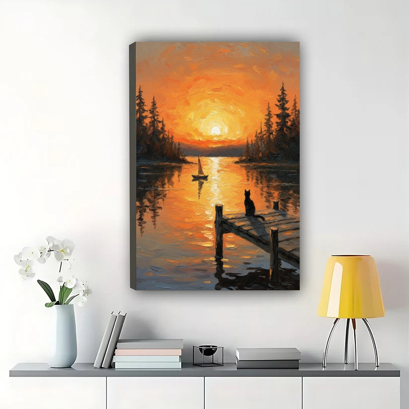 Black Cat by Red Barn – Rustic Farmhouse Wall Art on Natural Wood Canvas | W951