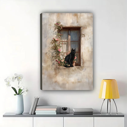Black Cat on Flower Window Sill – Vintage Cottage Wall Art on Natural Wood Canvas | W952