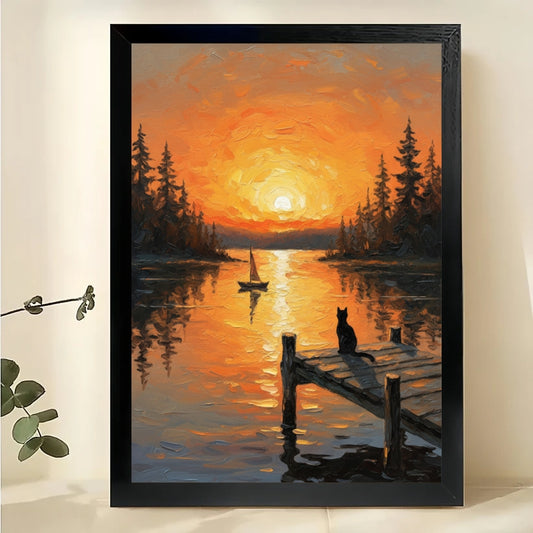 Black Cat by Red Barn – Rustic Farmhouse Wall Art on Natural Wood Canvas | W951