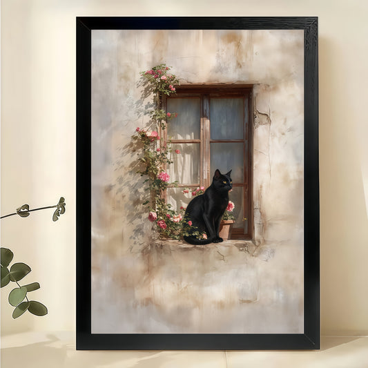Black Cat on Flower Window Sill – Vintage Cottage Wall Art on Natural Wood Canvas | W952