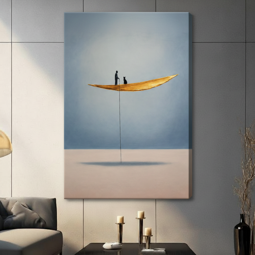 Man Cat Floating Leaf Minimalist Canvas Wall Art