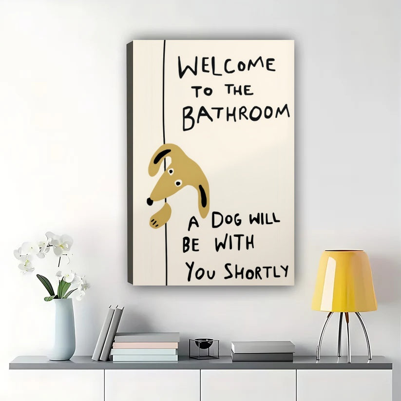 Welcome to the Bathroom Yellow Dog – Funny Bathroom Dog Wall Art on Natural Wood Canvas | W2036