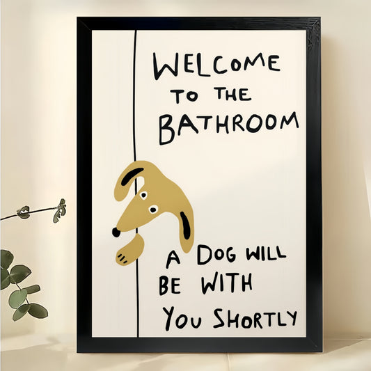 Welcome to the Bathroom Yellow Dog – Funny Bathroom Dog Wall Art on Natural Wood Canvas | W2036