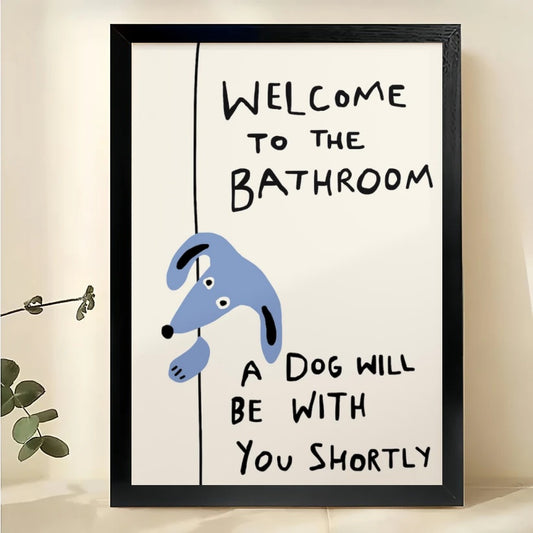 Welcome to the Bathroom Blue Dog – Funny Bathroom Dog Wall Art on Natural Wood Canvas | W2037