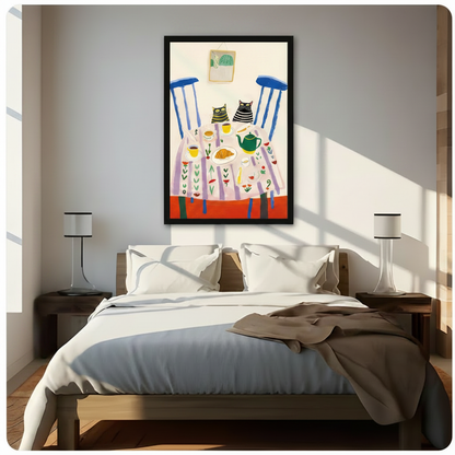 Black framed cats tea party colourful wall art above a dark wood bed with white and grey linen bedding, a grey throw blanket, dark wood nightstands, and white cylindrical table lamps in a sunlit modern bedroom