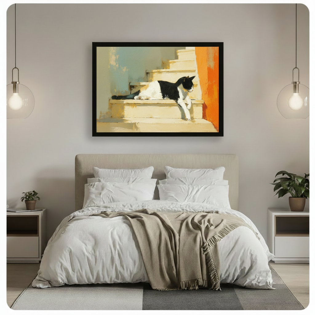 Framed tuxedo cat wall art hung above a bed in a minimalist bedroom, warm earthy tones complementing neutral linen bedding