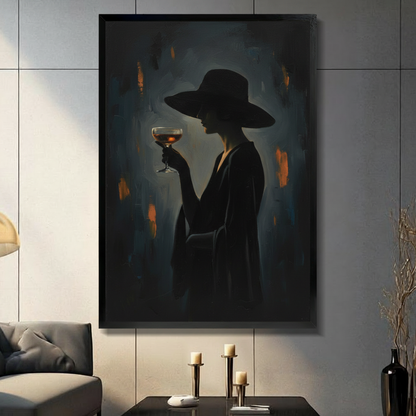 Dark witch wall art featuring a silhouetted woman in a wide-brim hat holding a cocktail above a modern living room console.