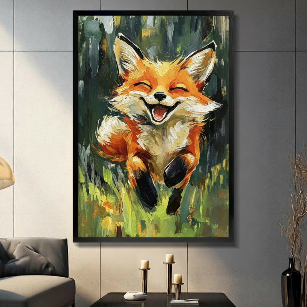 Expressive oil painting illustration of a joyful orange fox with closed eyes and a wide open smile leaping through a lush green forest meadow with bold painterly brushstrokes fox wall art framed print in living room with dark gray panel wall and dark sofa