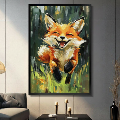 Expressive oil painting illustration of a joyful orange fox with closed eyes and a wide open smile leaping through a lush green forest meadow with bold painterly brushstrokes fox wall art framed print in living room with dark gray panel wall and dark sofa