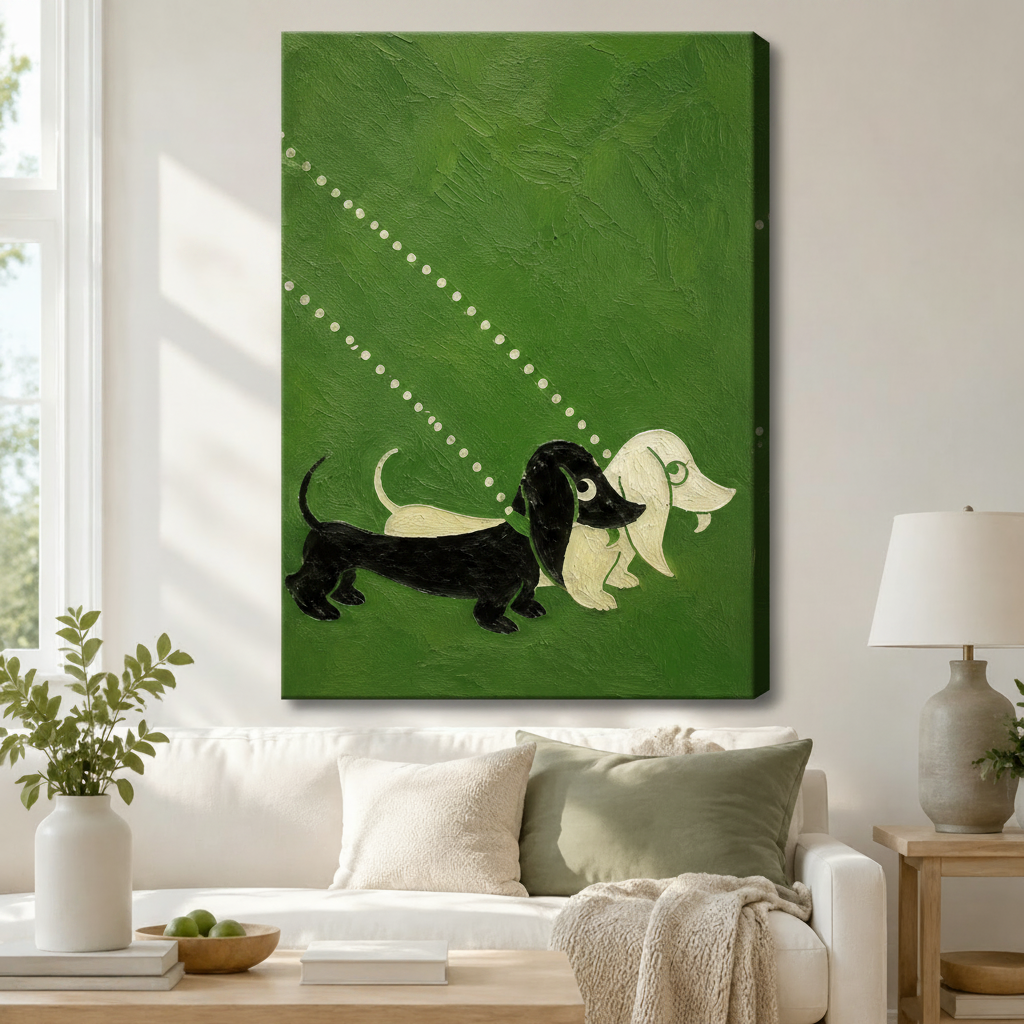 Gallery wrap canvas of black and white dachshund dogs on deep green background, hung above a white sofa in a bright Scandinavian living room