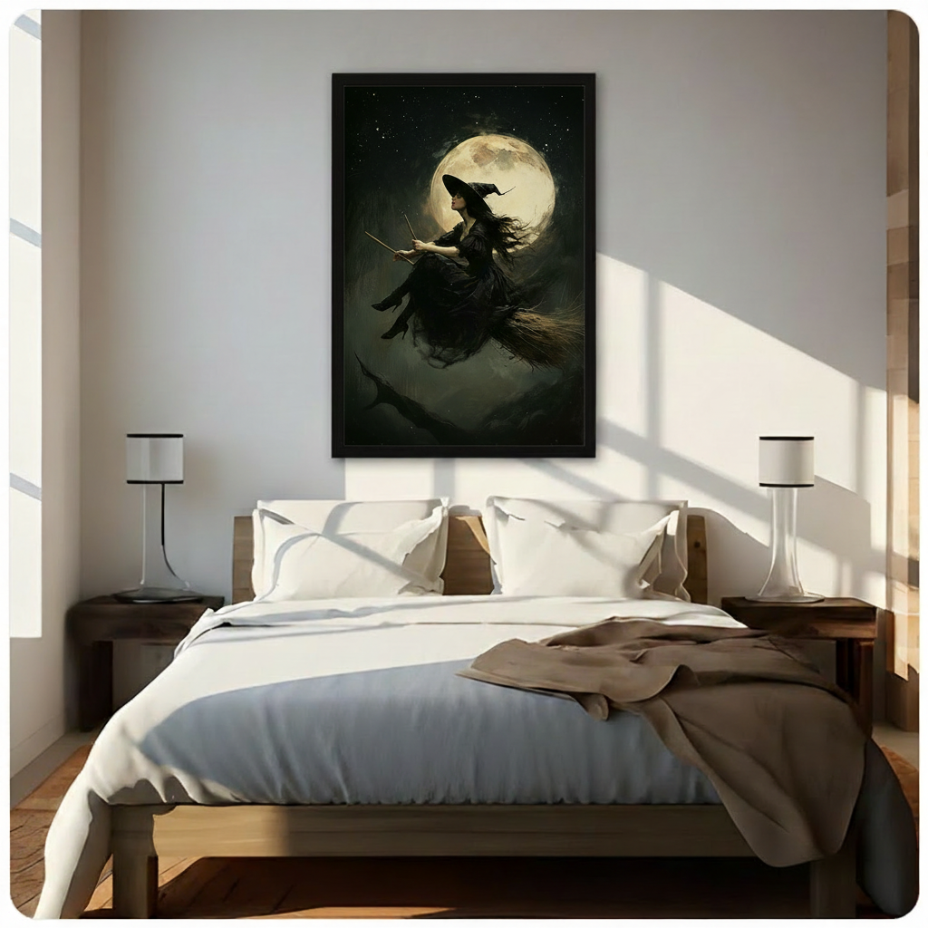Gothic oil painting of a witch in black riding a broomstick before a glowing full moon starry night sky framed print above bed sunlit bedroom