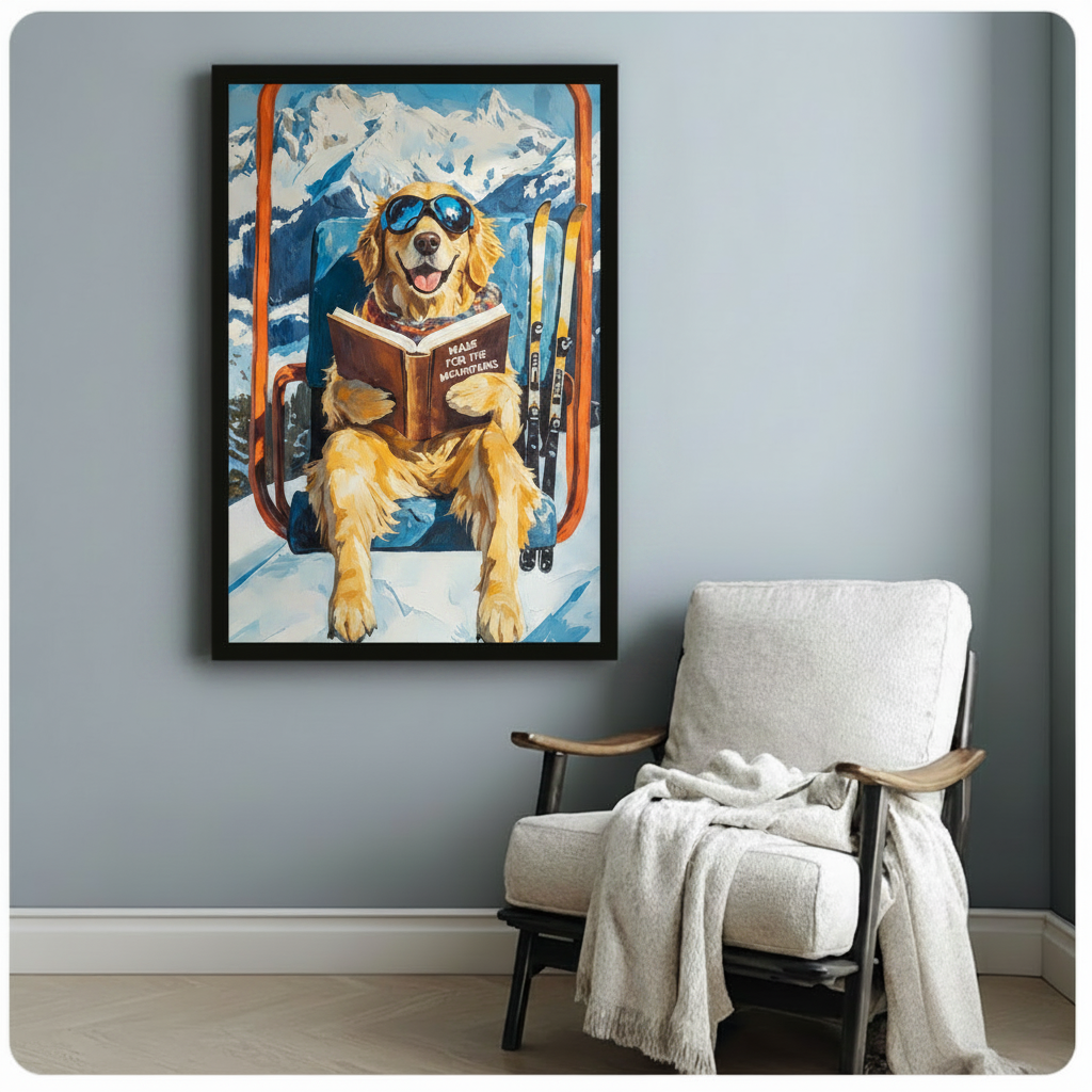 Playful golden retriever in blue aviator sunglasses on orange ski lift with Made for the Mountains book and yellow skis snowy alpine scenery oil painting framed art poster displayed beside a white fabric lounge chair with draped throw blanket against a soft blue-gray wall