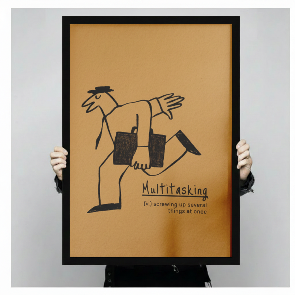 A fun, multitasking-themed mural framed in black, and a uniquely styled handheld artwork display.