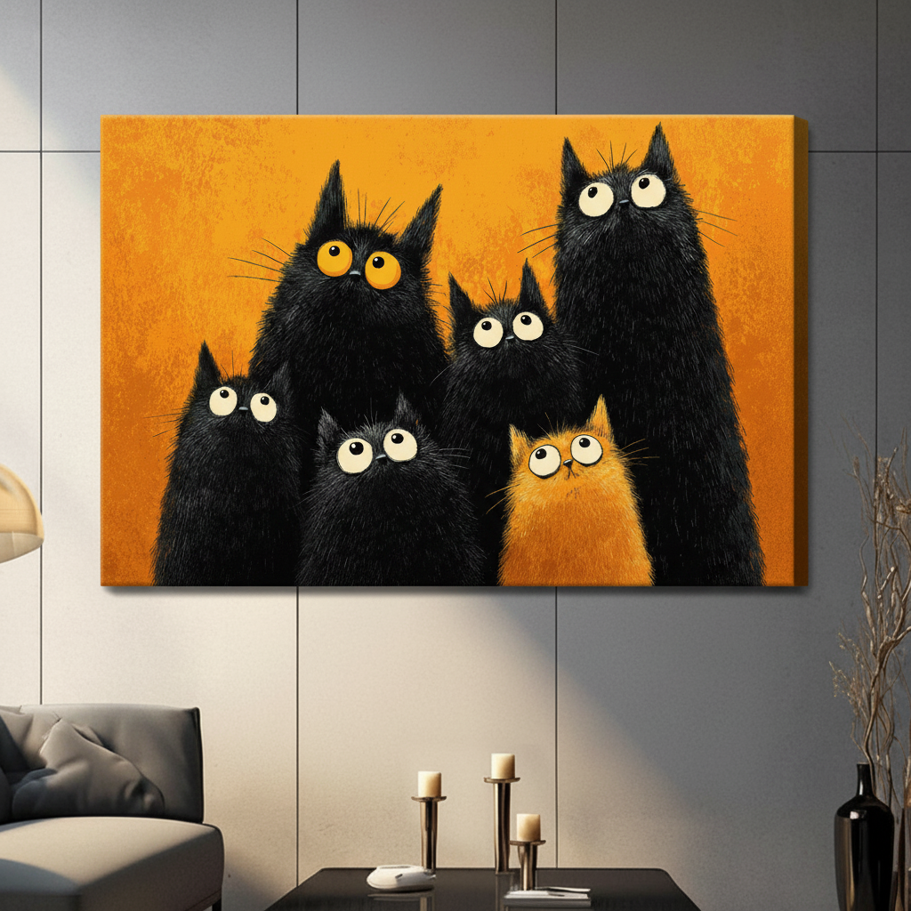 Five black cats and one orange cat with oversized eyes grouped together on a vivid orange painted background funny cat wall art stretched canvas in a living room with gray sofa candle holders and black vase