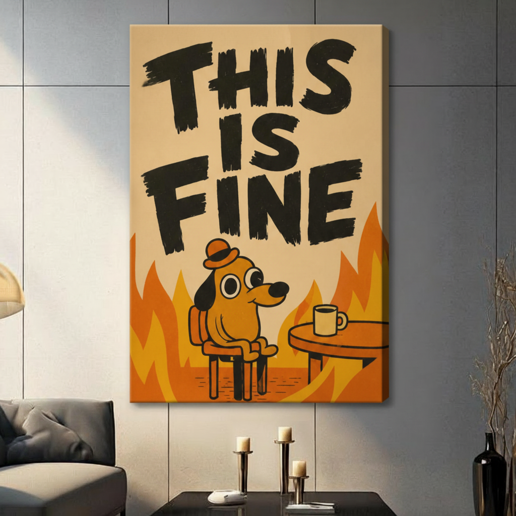 This 'It's Okay' dog canvas painting hangs next to the floor lamp in the white living room — a bold meme poster art suitable for modern home decor.