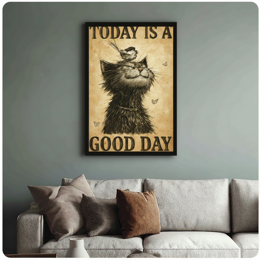Today Is A Good Day cat canvas detail page scene — vintage sepia illustration framed print styled in beige living room with green sofa