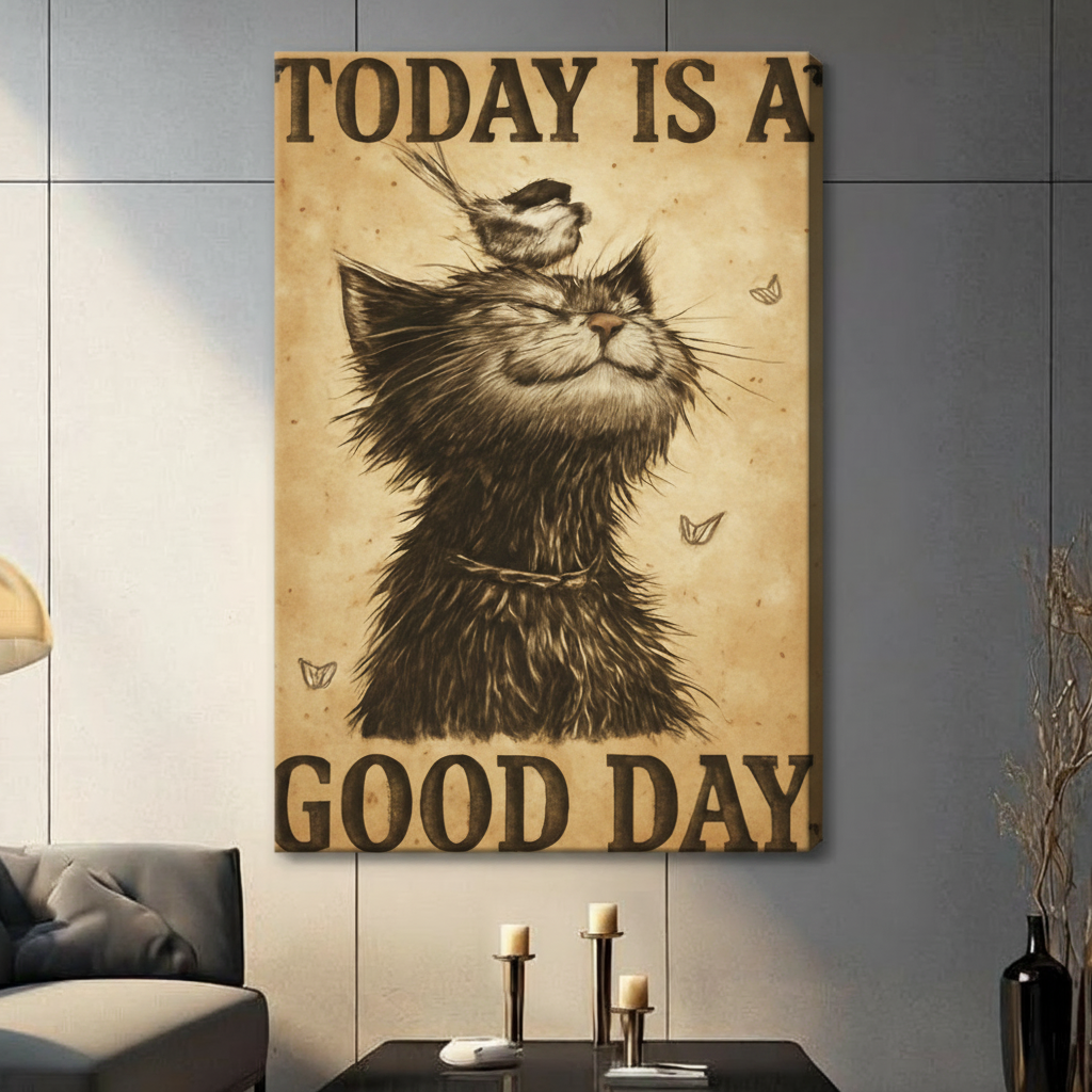 Today Is A Good Day black cat stretched canvas print — frameless gallery wrap vintage sepia illustration on gray wall in modern living room