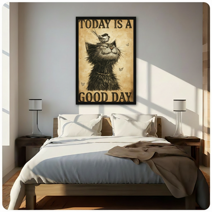 Good day black cat vintage canvas print in black frame — cozy cottagecore cat wall art displayed in bedroom above bed