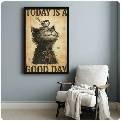 Vintage black cat good day framed canvas on blue-gray wall beside white armchair — inspirational cat lover wall art