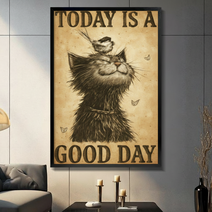 Today Is A Good Day black cat framed canvas wall art — vintage sepia pencil illustration with bird on cat's head hanging on gray wall with candle holders