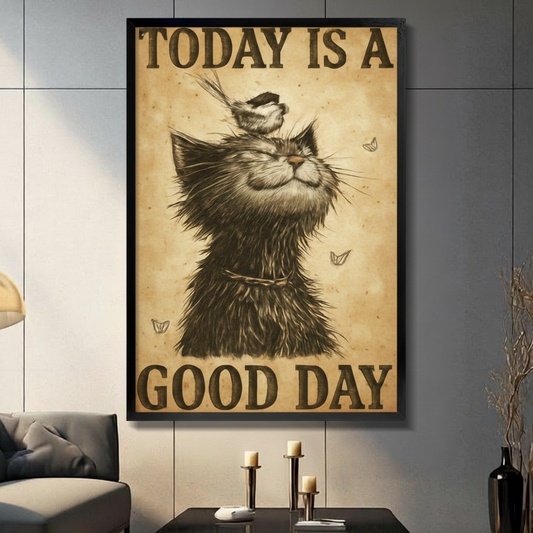 Today Is A Good Day black cat framed canvas wall art — vintage sepia pencil illustration with bird on cat's head hanging on gray wall with candle holders