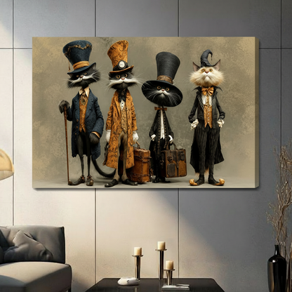 Whimsical steampunk dressed cats gallery wrap canvas print hanging on grey wall in contemporary living room