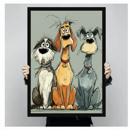 Whimsical cartoon sketch illustration of three expressive dogs sitting together including a shaggy white and gray dog a tall tan hound with floppy ears and a blue-gray terrier all wearing collars with wide funny eyes on a gray background funny dog wall art framed print held against light gray background