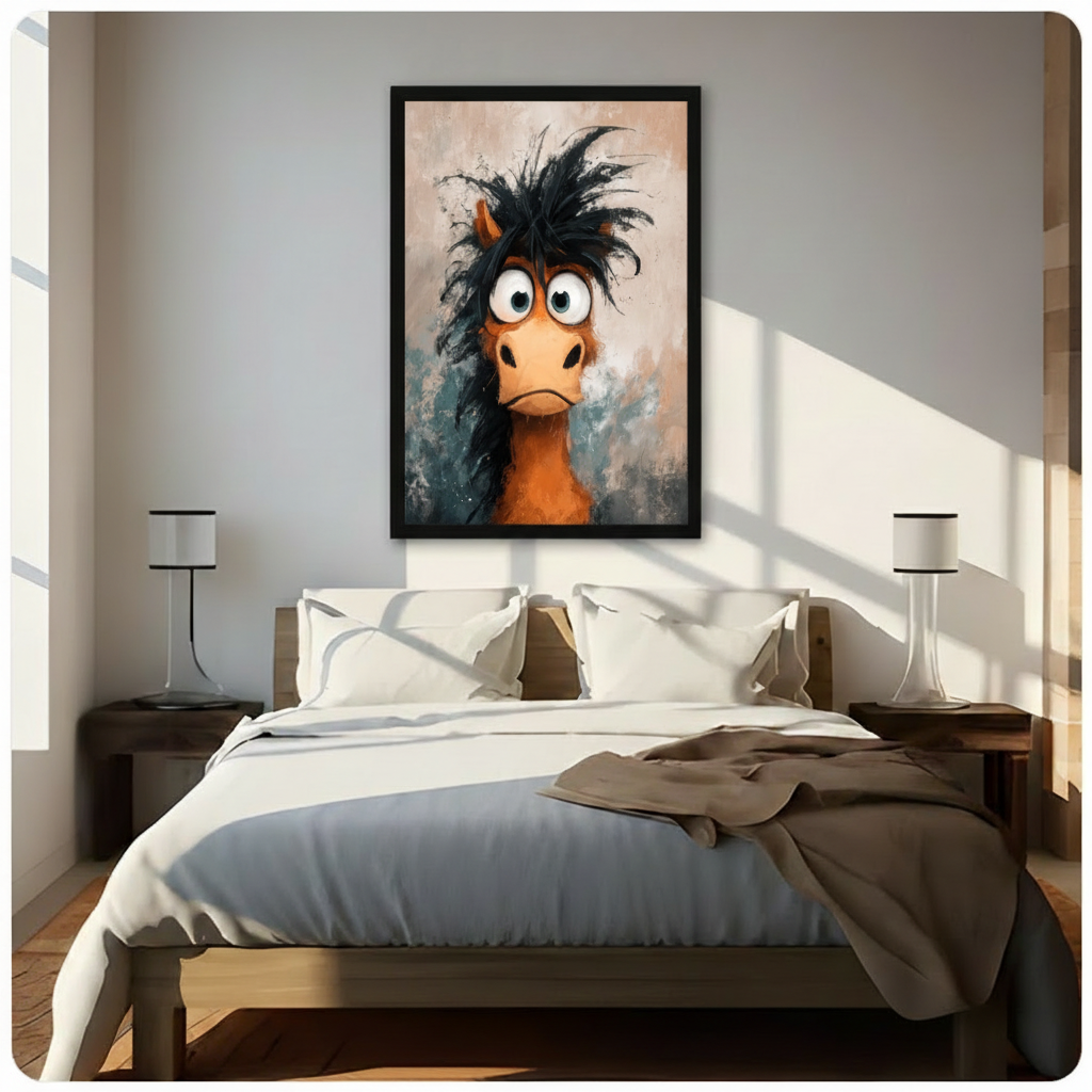  Whimsical horse cartoon stretched framed canvas on accent wall — bold expressive animal art for modern American home decor