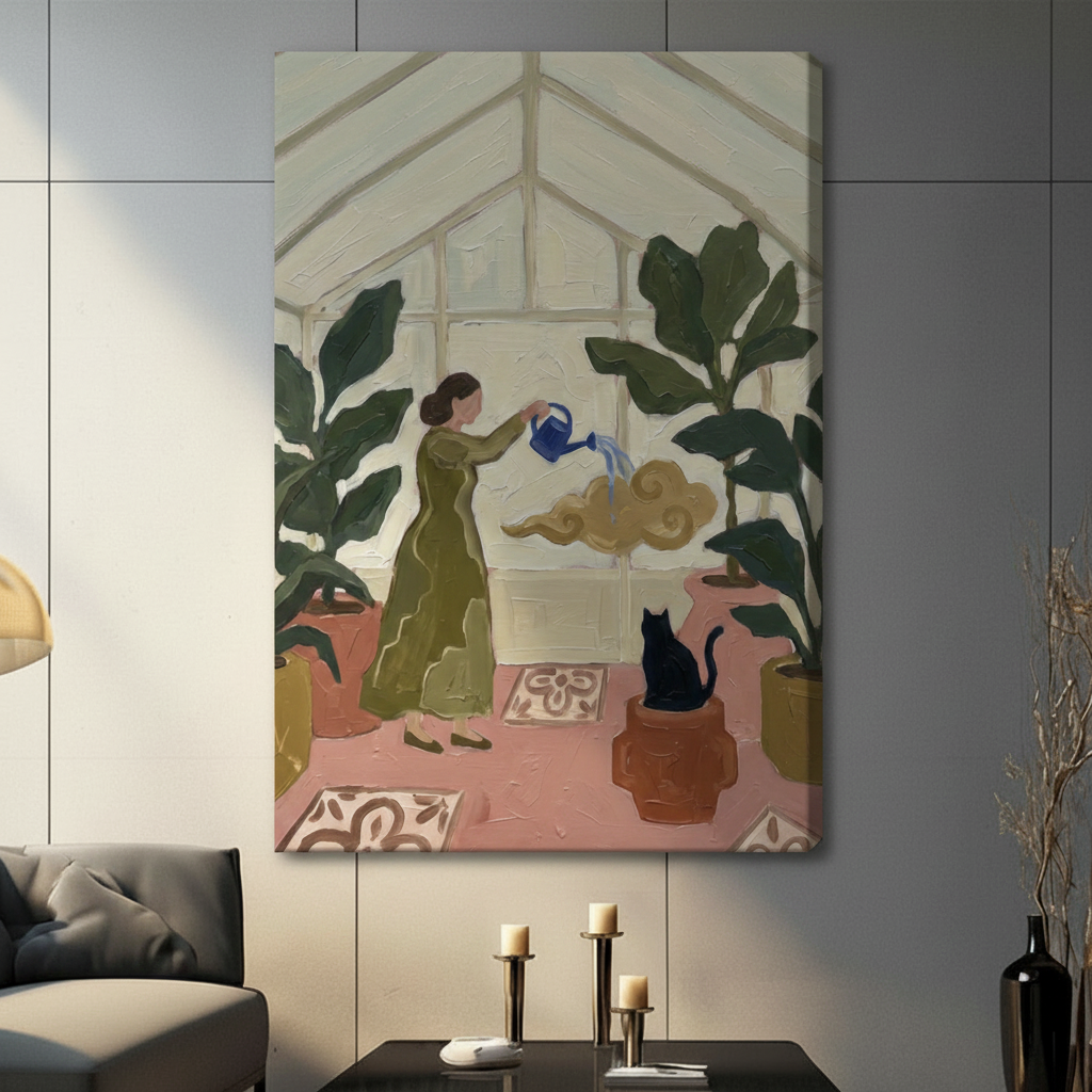 Unframed woman in olive dress watering greenhouse plants beside black cat on terracotta pot canvas print - whimsical boho impasto oil painting wall art with golden spiral cloud blue watering can fiddle leaf figs patterned tile rugs and warm pink floor for contemporary home decor