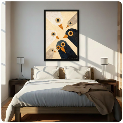 Abstract geometric bird art in black frame hung above a bed in a bright minimalist bedroom with natural light