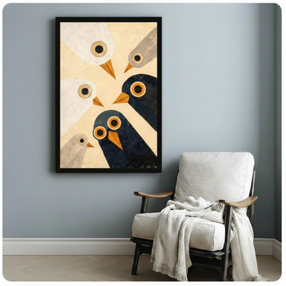 Geometric bird wall art in black frame above a linen armchair on a blue-grey wall, modern Scandinavian interior