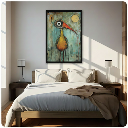 Framed abstract bird artwork with teal weathered background and pale moon, displayed above a minimalist bedroom bed