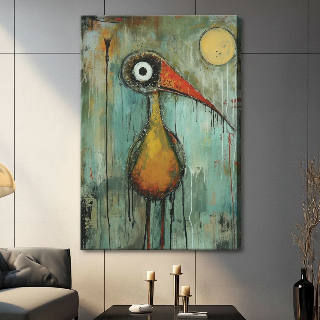 Unframed canvas print of an abstract folk art bird with teal drip background and golden moon, hung in a contemporary living room