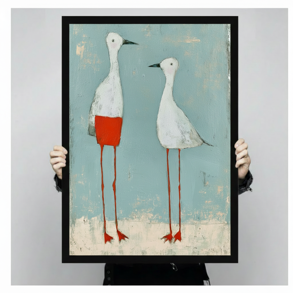 Close-up of a black framed abstract bird couple print held by hands, showcasing textured brushwork and bold red leg details