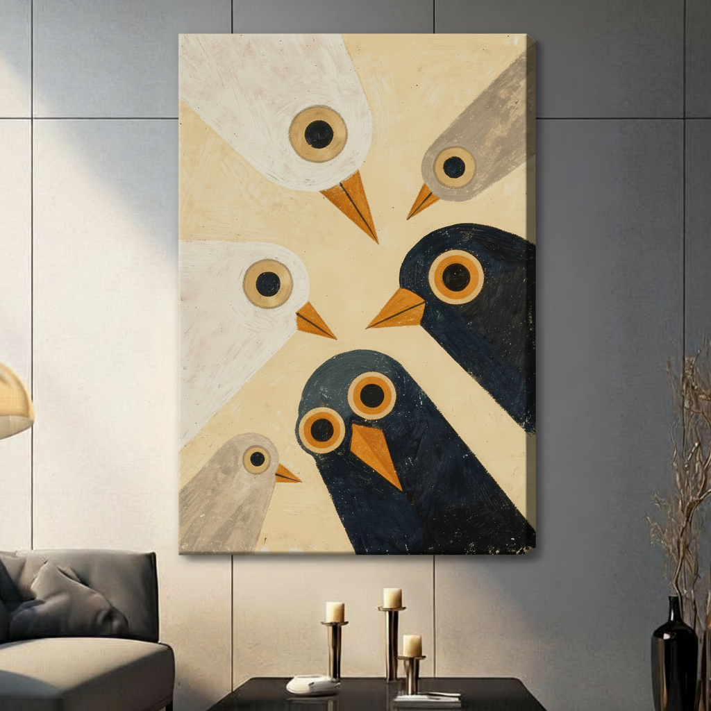Frameless canvas wall art featuring abstract geometric birds in cream and navy, hung in a contemporary living room