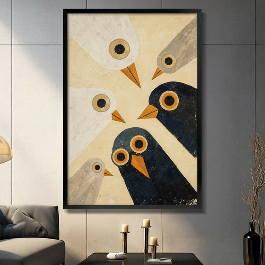 Abstract geometric bird flock framed wall art print displayed in a modern dark living room with candlestick decor
