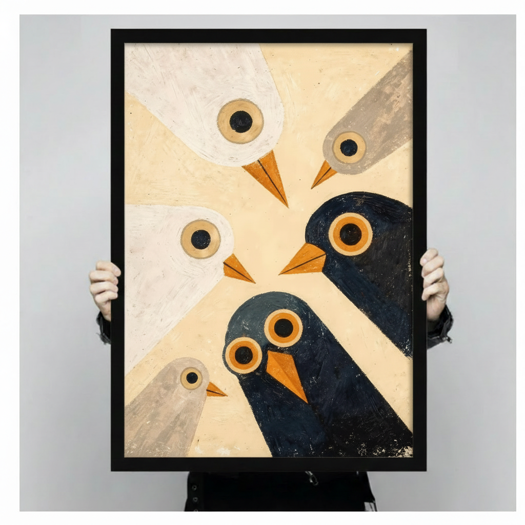 Person holding large abstract bird flock framed art print showing scale, cream and navy geometric design