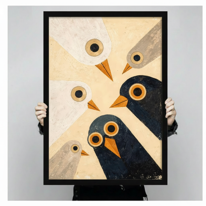 Person holding large abstract bird flock framed art print showing scale, cream and navy geometric design