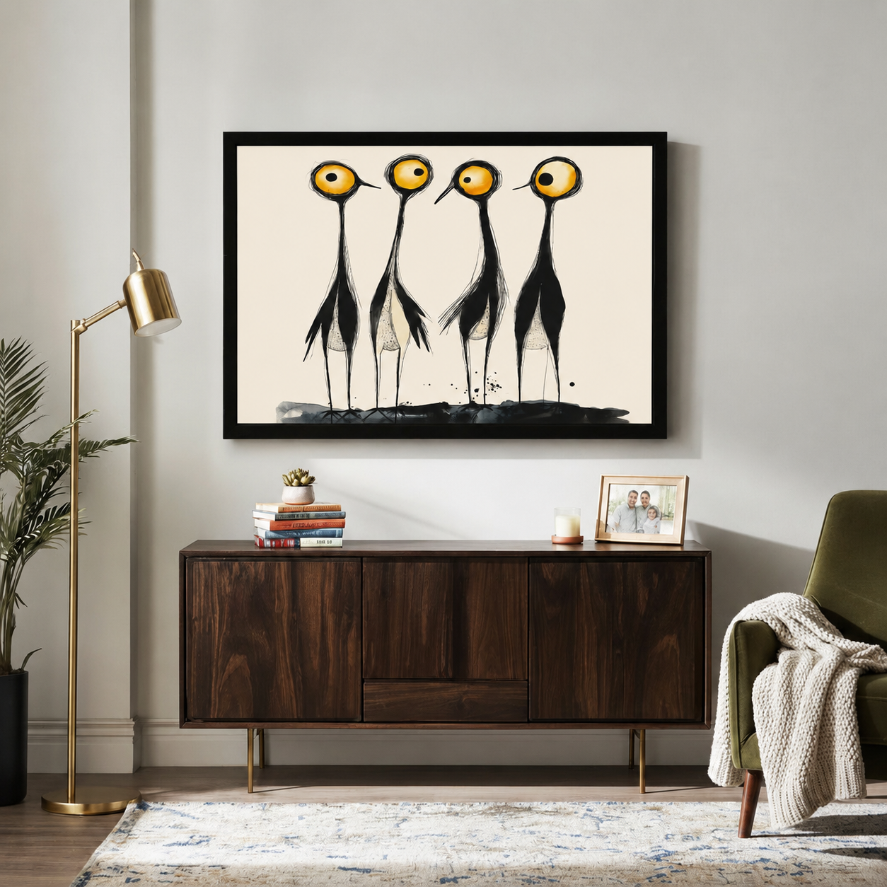 Expressive abstract ink bird quartet with glowing yellow eyes black framed canvas above walnut mid-century sideboard, eclectic living room wall decor